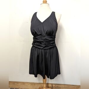 D & Co Black Slimming Ruched Swim Dress 16  skirted bathing suits modest